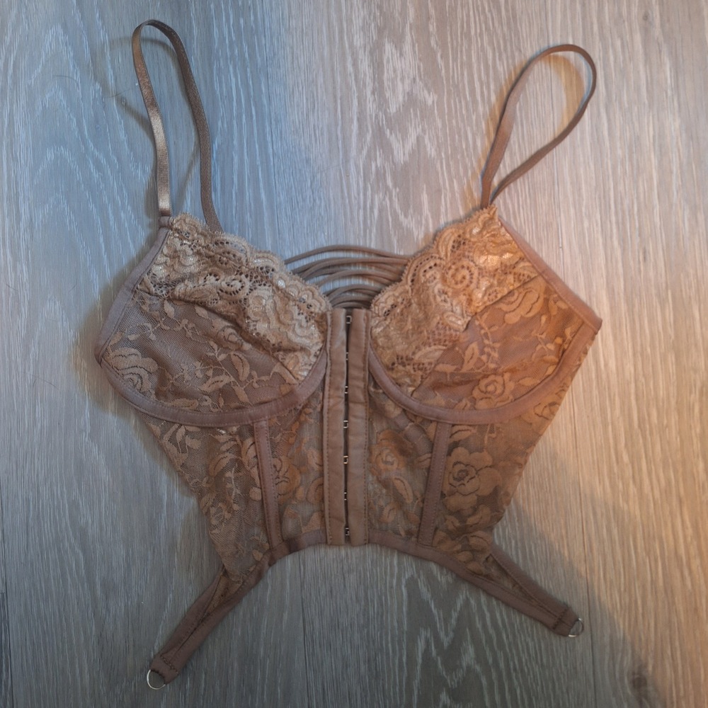D&M Brown Floral Lace Corset Strappy Back Hook Eye Front Crop Top Size Small